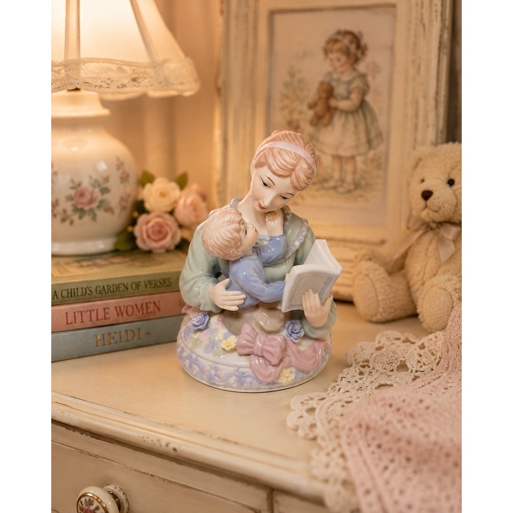 Vintage Mother Baby Porcelain Music Box Brahms Waltz Reading Book Working